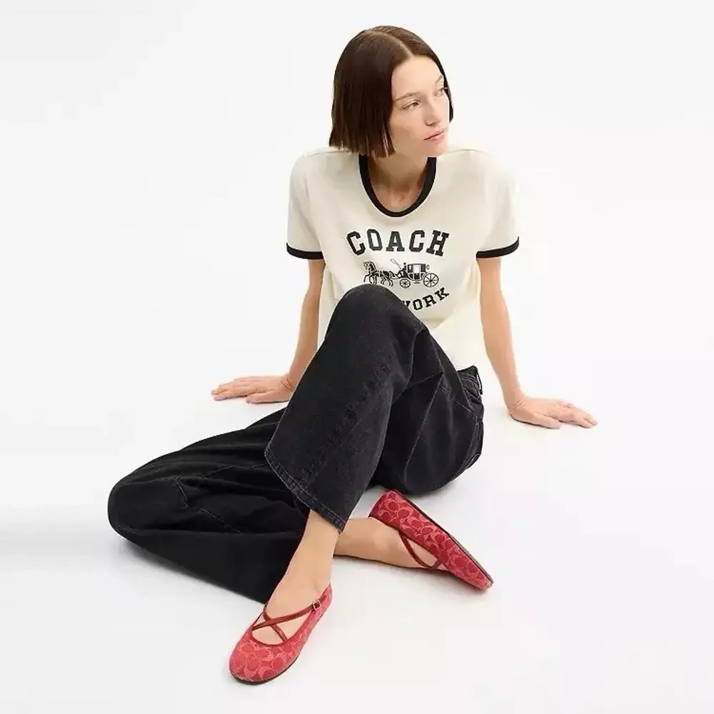 NWT Coach Women Phoebe Ballet Flat Signature Denim True Red CDG80 us7.5